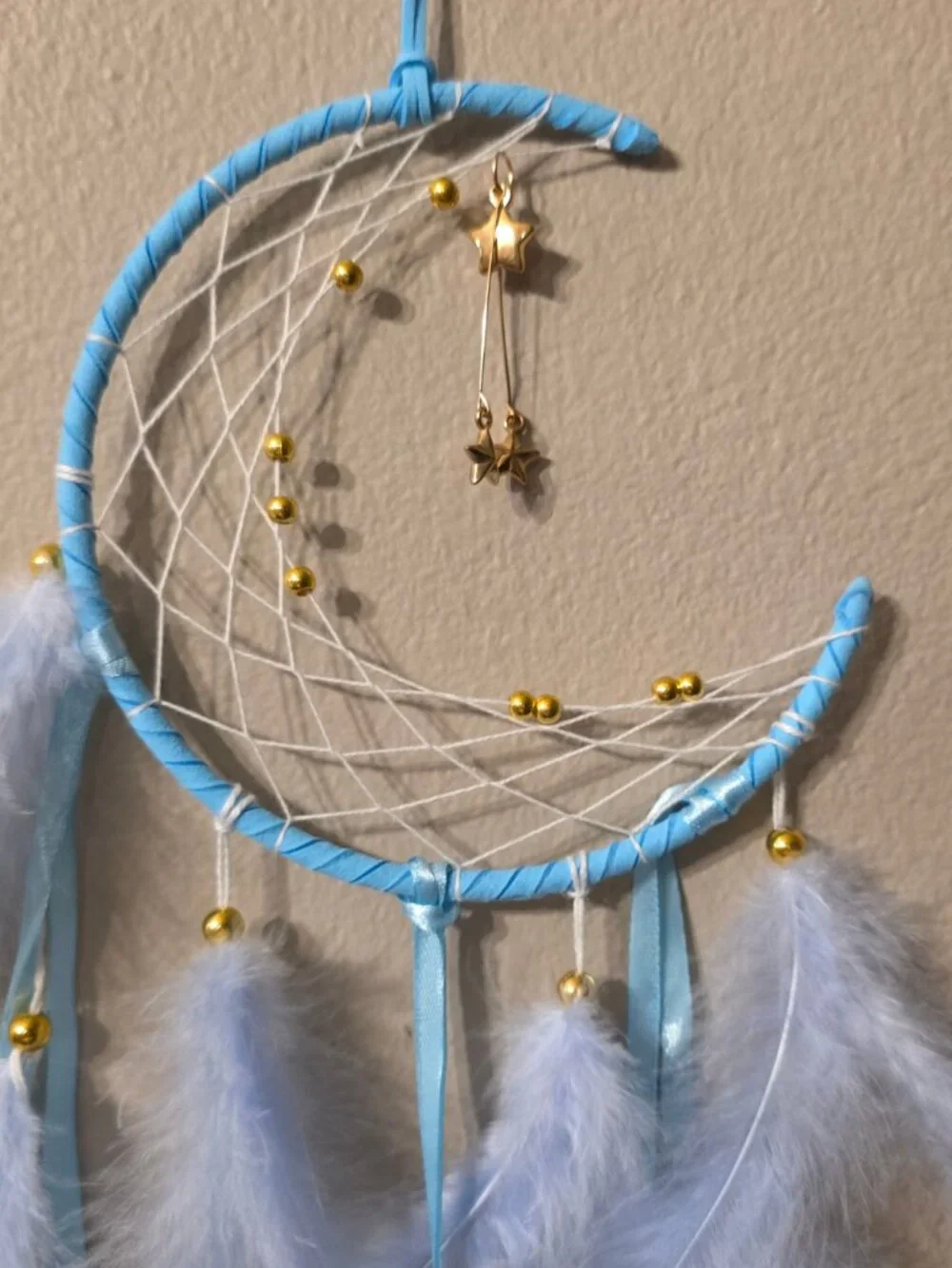 Crescent Moon Dreamcatcher Light Blue with White Feathers Gold Beads Star Charms